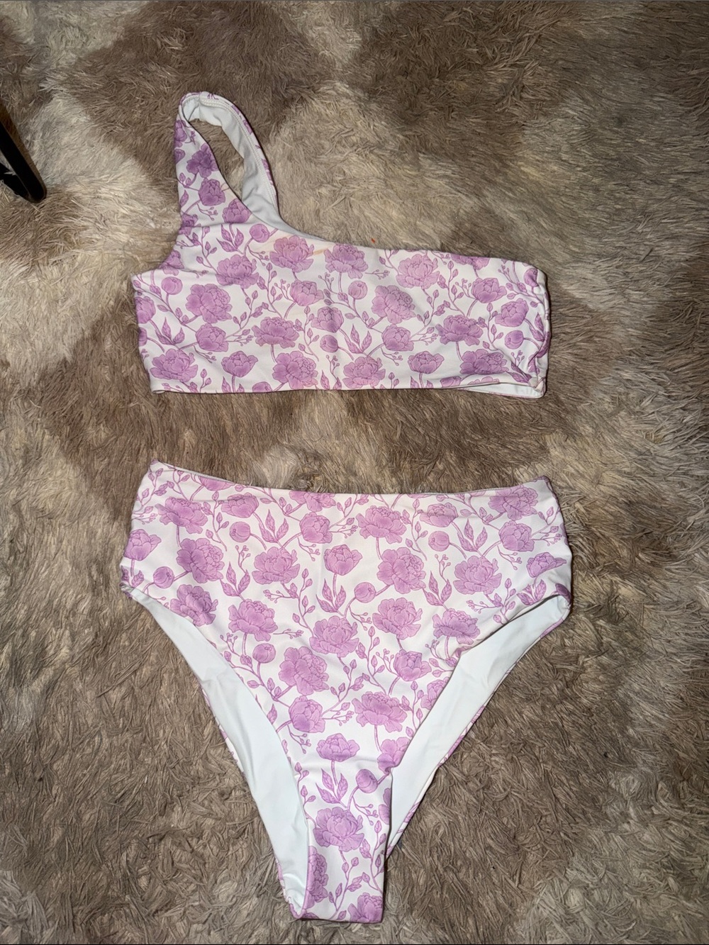Floral One-Shoulder Bikini Set in Lavender and White